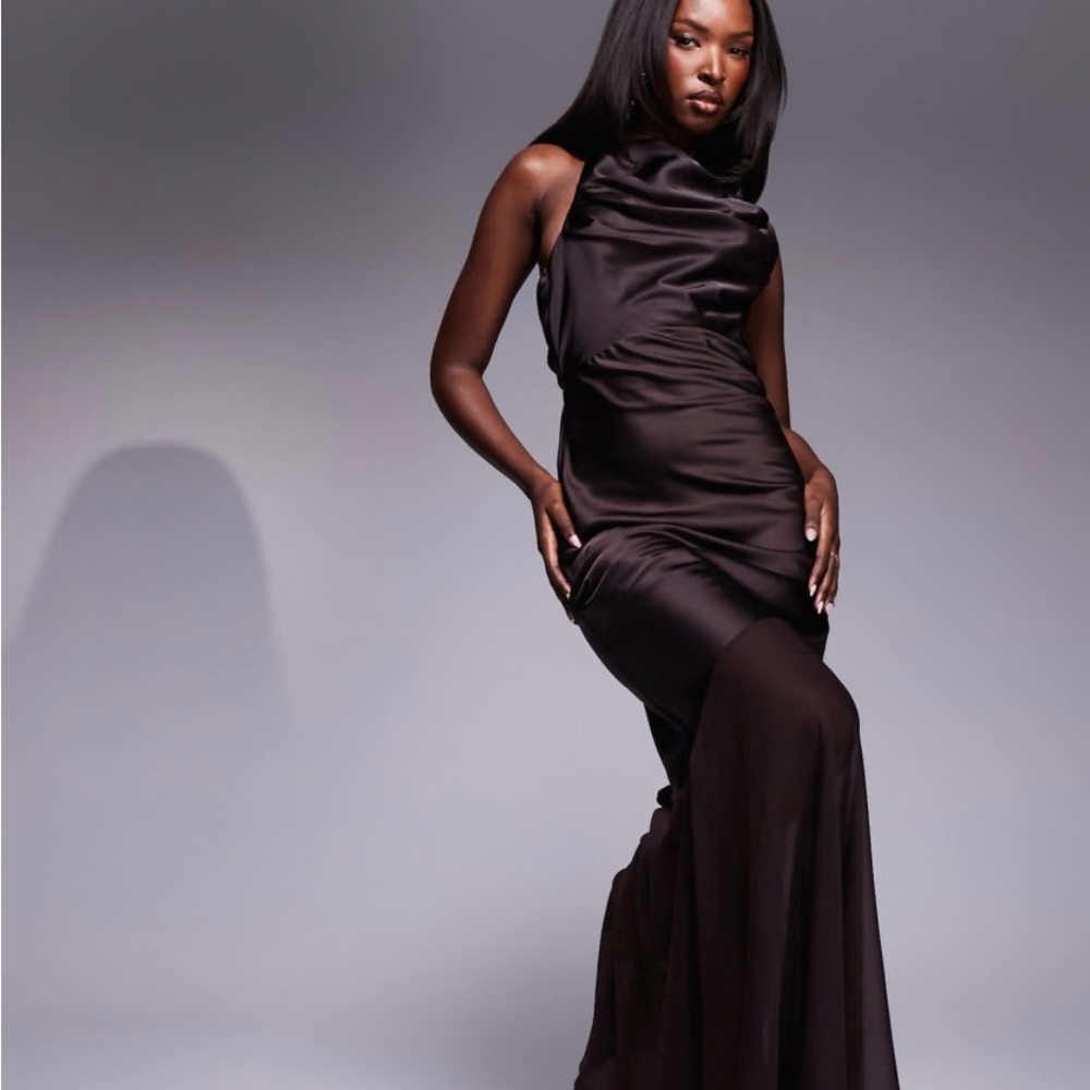 NWT ASOS DESIGN satin chiffon mix draped bodice maxi dress in chocolate